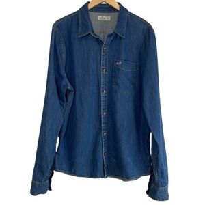 Hollister Men's 90s Vibe Denim Button Up Shirt Blue Medium Wash Long Sleeves XL
